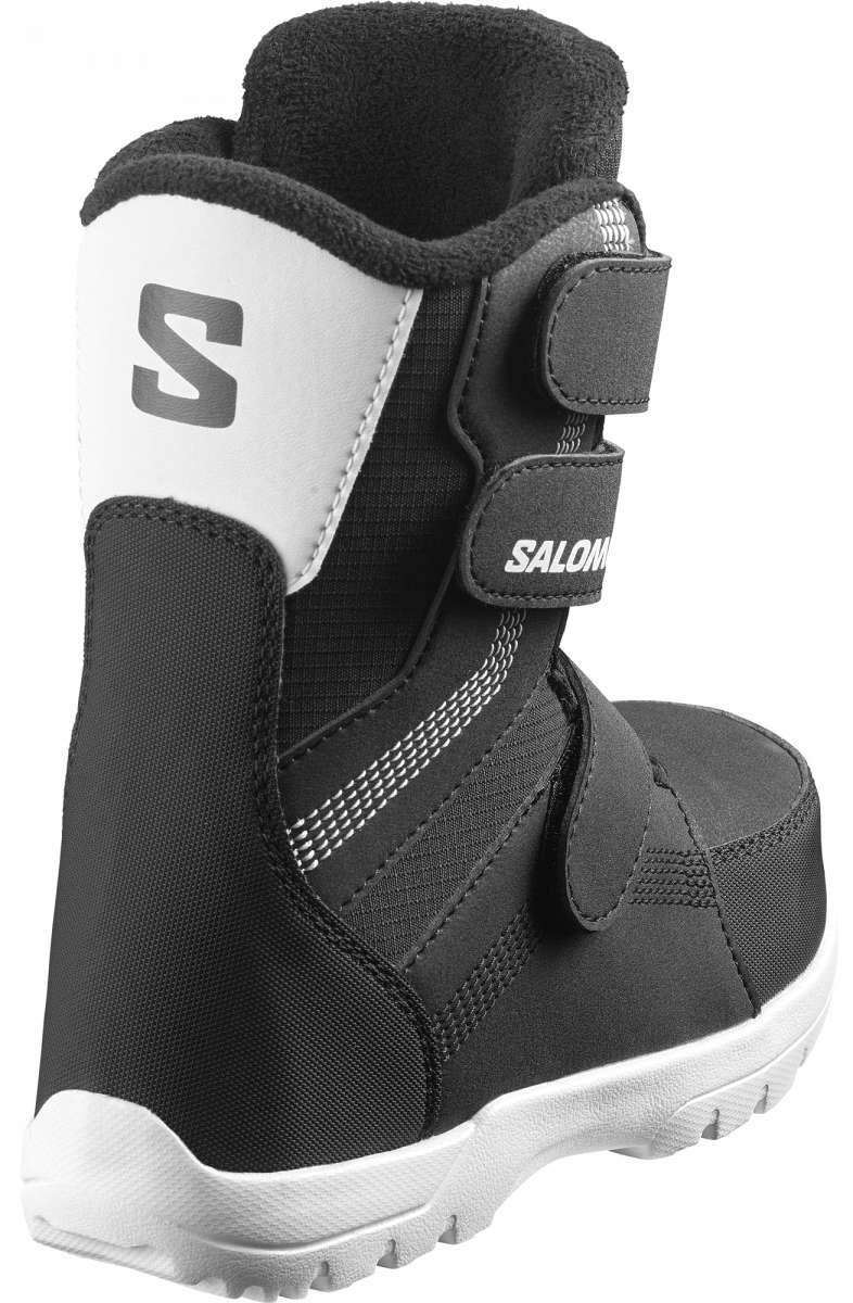 Salomon Juniors Whipstar Snowboard Boot 2023 - A black snowboard boot with a white strap and silver hardware.