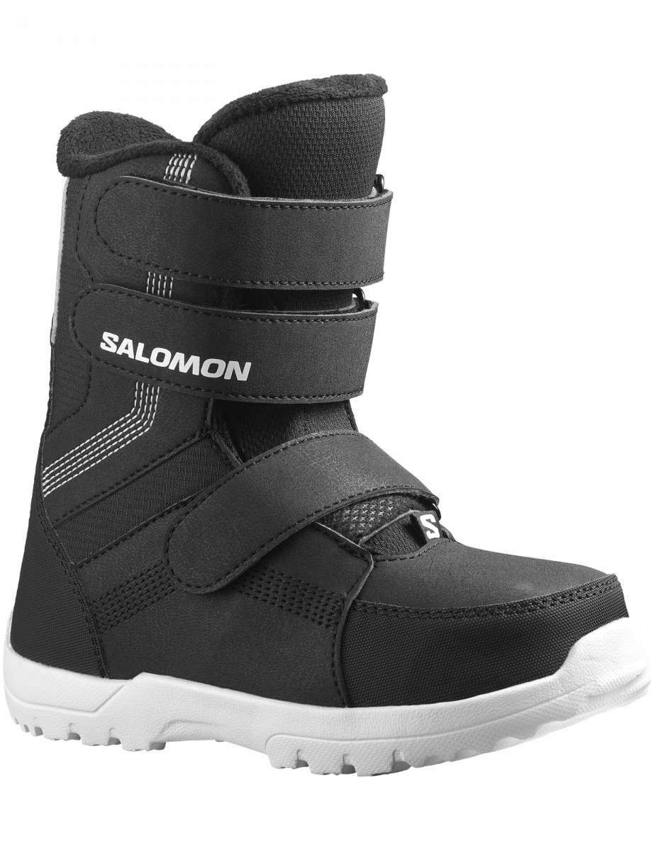 Salomon Juniors Whipstar Snowboard Boot 2023 - A black snowboard boot with a white sole and strap, featuring a textured pattern on the side.