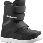 Salomon Juniors Whipstar Snowboard Boot 2023 - A black snowboard boot with a white sole and strap, featuring a textured pattern on the side.