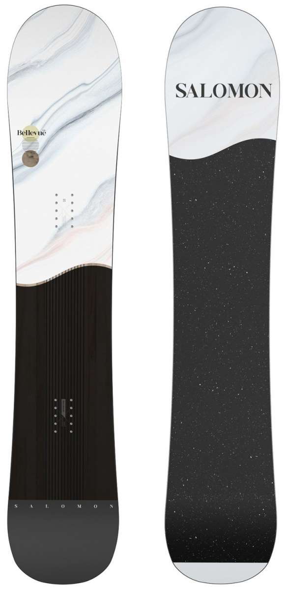 Salomon Women's Bellevue Snowboard 2024 - A white snowboard with a black and pink marbled design on top, featuring a small circular logo in gold at the center.