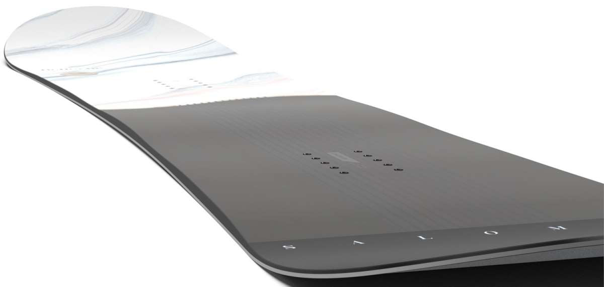 Salomon Women's Bellevue Snowboard 2024 - A black snowboard with a white stripe on top and a subtle pattern of thin, darker lines.