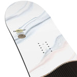 Salomon Women's Bellevue Snowboard 2024 - A white snowboard with a black stripe down the middle and a gold logo on top.