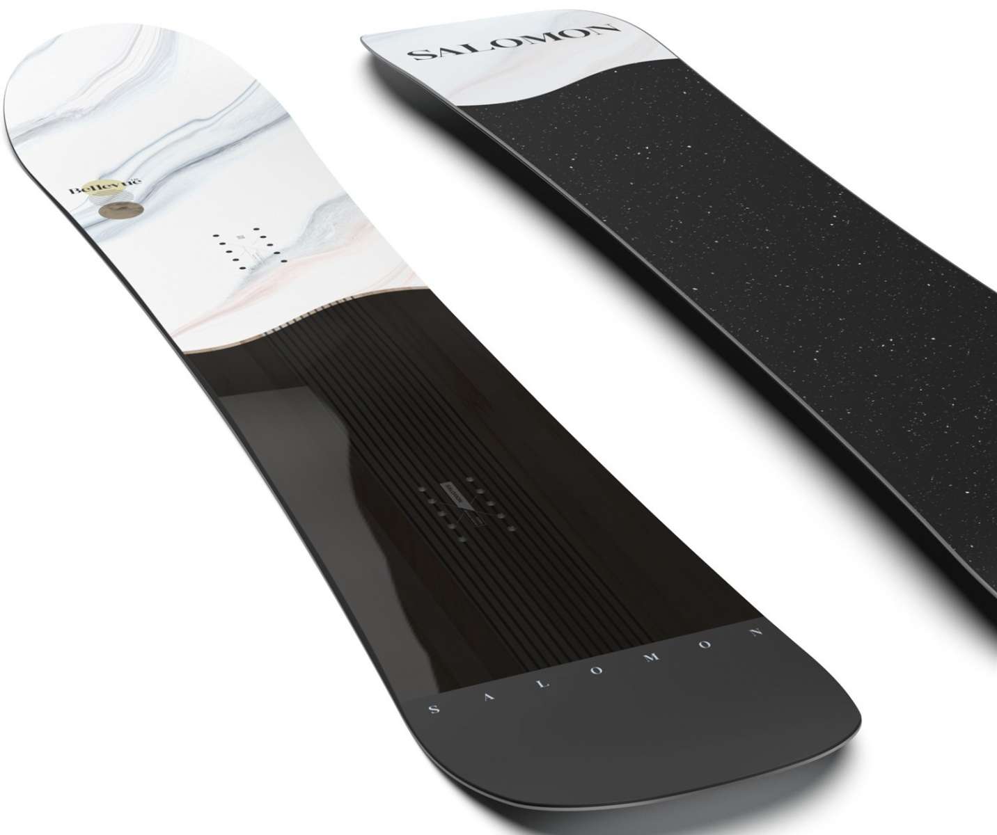 Salomon Women's Bellevue Snowboard 2024 - A white snowboard with a black stripe and a small yellow logo on top.