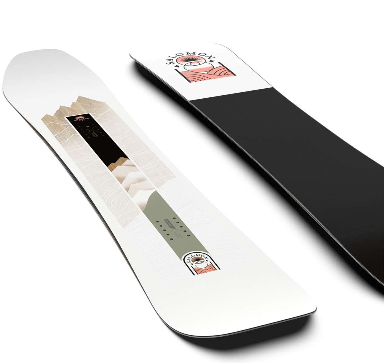 Salomon Women's Bliss Snowboard 2024 - A white snowboard with a black stripe down the middle and a pink logo at the top.