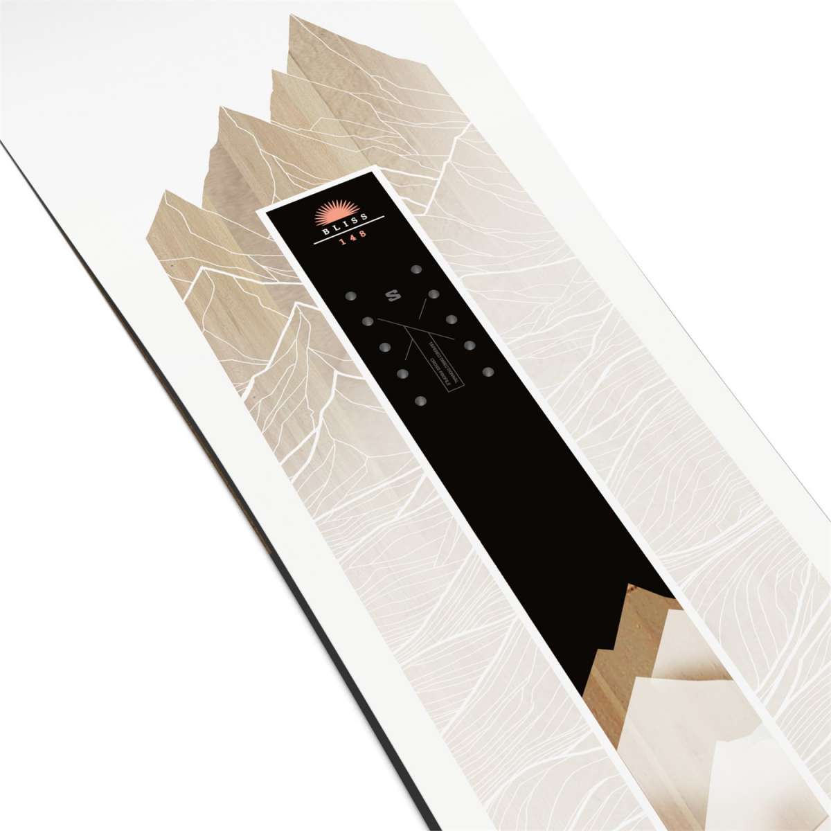 Salomon Women's Bliss Snowboard 2024 - A black snowboard with a white logo and text on top of a wooden background.