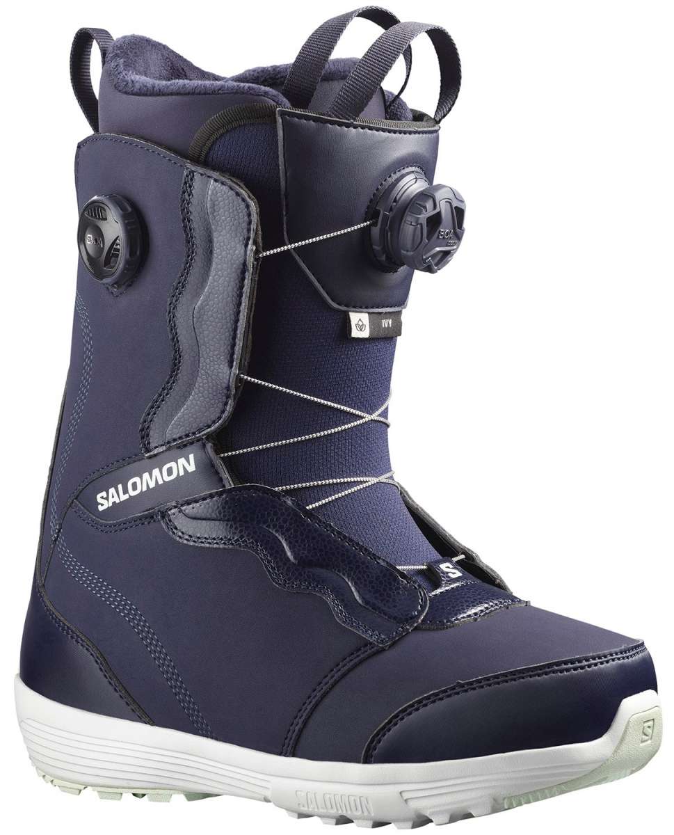 Salomon Women's Ivy BOA SJ Snowboard Boot 2023 - A dark blue snowboard boot with a black BOA dial on the side and white soles.