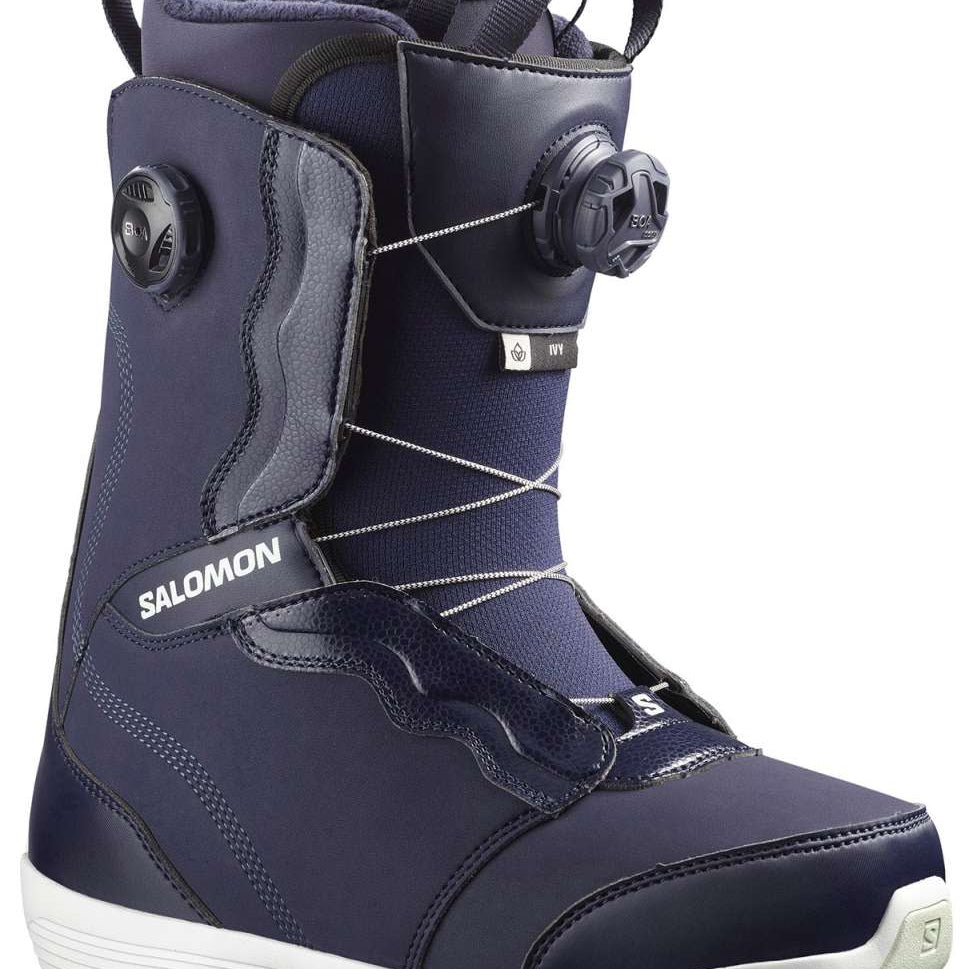 Salomon Women's Ivy BOA SJ Snowboard Boot 2023 - A dark blue snowboard boot with a black BOA dial on the side and white soles.