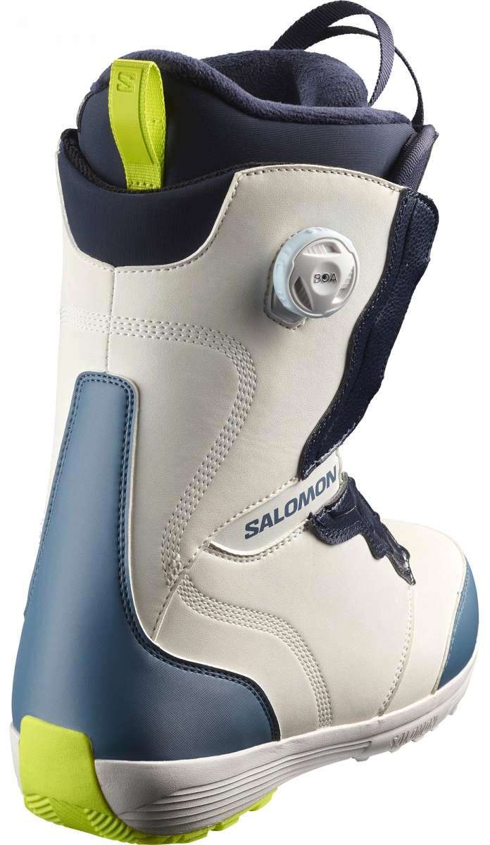 Salomon Women's Ivy BOA SJ Snowboard Boot 2023 - A white snowboard boot with a blue stripe on the side and lime green accents.