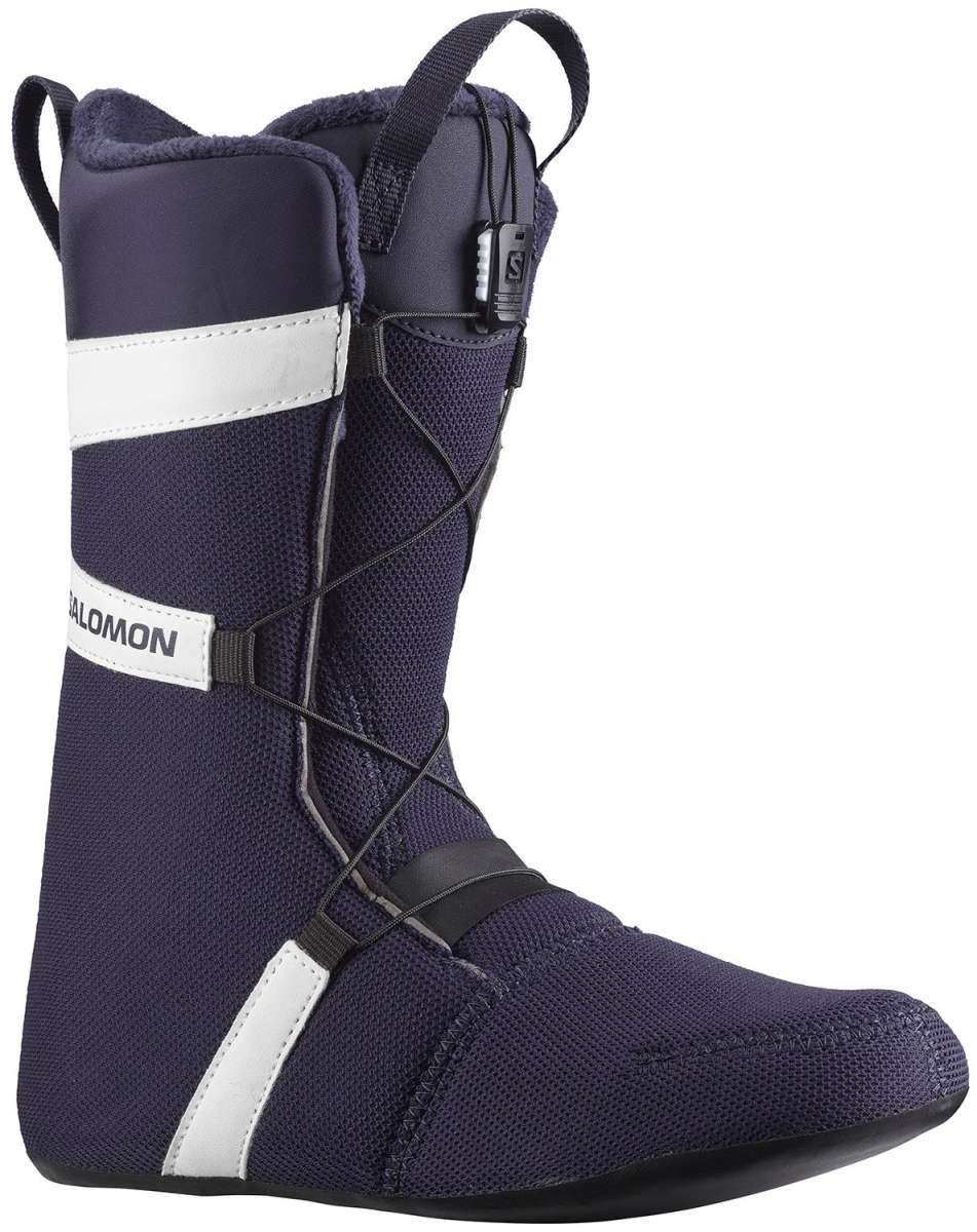 Salomon Women's Ivy BOA SJ Snowboard Boot 2023 - A dark purple snowboard boot with a white stripe and black laces.