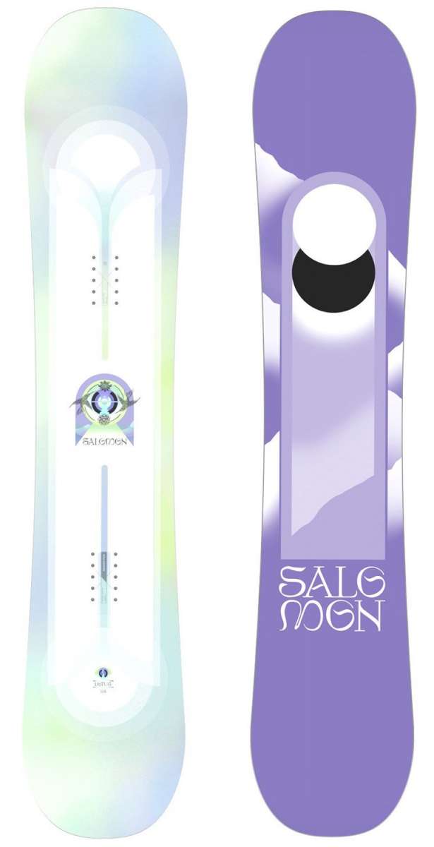 Salomon Women's - Lotus Snowboard 2024 is shown from a front perspective, featuring a light blue base color with a subtle white pattern overlay.