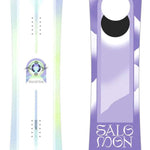 Salomon Women's - Lotus Snowboard 2024 is shown from a front perspective, featuring a light blue base color with a subtle white pattern overlay.