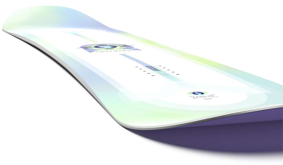 Salomon Women's - Lotus Snowboard 2024 is shown from a side angle, with a light blue-green color and a subtle gradient effect on its top surface.