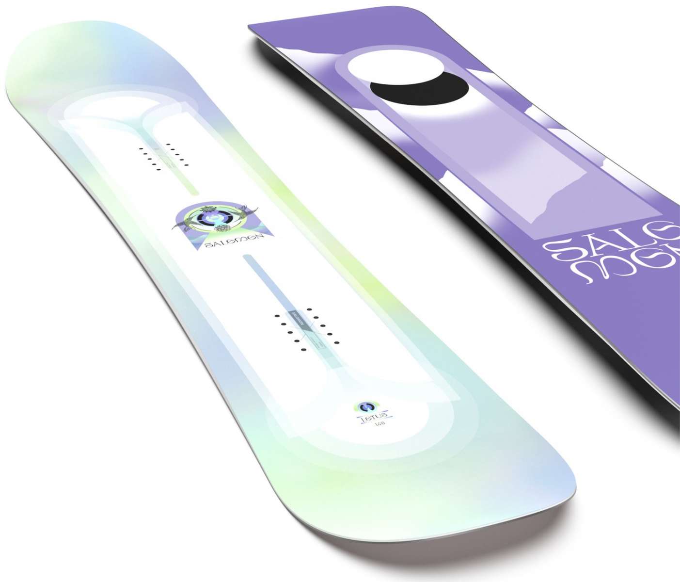 Salomon Women's - Lotus Snowboard 2024 is shown in a purple and white color scheme with a circular logo on top.