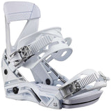 Salomon Women's Mirage Snowboard Binding 2023 - A white snowboard binding with a geometric pattern on the strap and a black logo on the side.