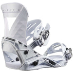 Salomon Women's Mirage Snowboard Binding 2023 - A white snowboard binding with geometric cutouts and a geometric pattern on the strap.