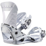 Salomon Women's Mirage Snowboard Binding 2023 - A white snowboard binding with geometric cutouts and a geometric pattern on the strap.