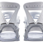 Salomon Women's Mirage Snowboard Binding 2023 - A pair of white snowboard bindings with a geometric pattern on the straps and buckles.