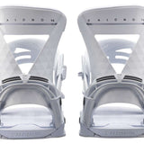 Salomon Women's Mirage Snowboard Binding 2023 - A pair of white snowboard bindings with a geometric pattern on the straps and buckles.