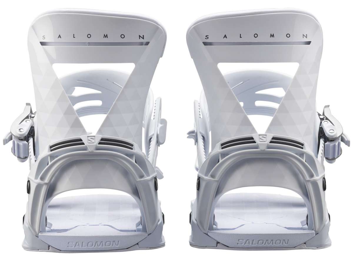 Salomon Women's Mirage Snowboard Binding 2023 - A pair of white snowboard bindings with a geometric pattern on the straps and buckles.