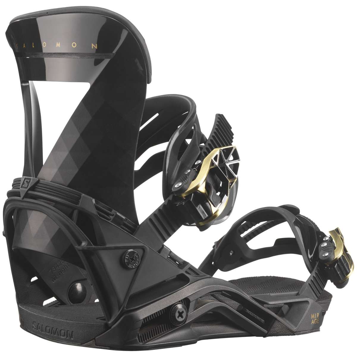 Salomon Women's Mirage Snowboard Binding 2023 - A black snowboard binding with gold accents and a geometric pattern on the straps.