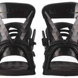 Salomon Women's Mirage Snowboard Binding 2023 - A black snowboard binding with a geometric pattern on the straps and gold hardware.