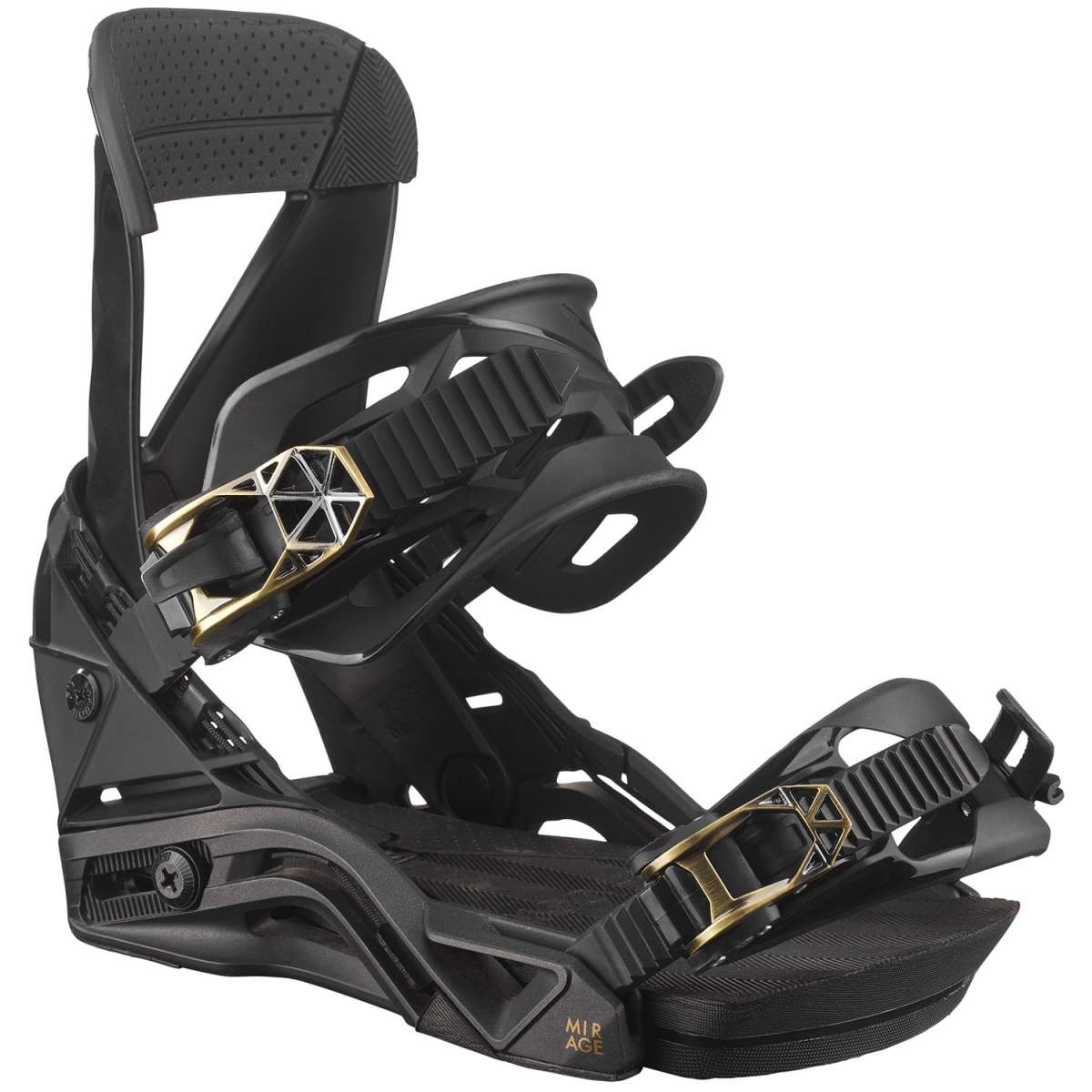 Salomon Women's Mirage Snowboard Binding 2023 - A black snowboard binding with gold accents and a geometric pattern on the buckles.