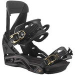 Salomon Women's Mirage Snowboard Binding 2023 - A black snowboard binding with gold accents and a geometric pattern on the buckles.
