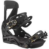 Salomon Women's Mirage Snowboard Binding 2023 - A black snowboard binding with gold accents and a geometric pattern on the buckles.