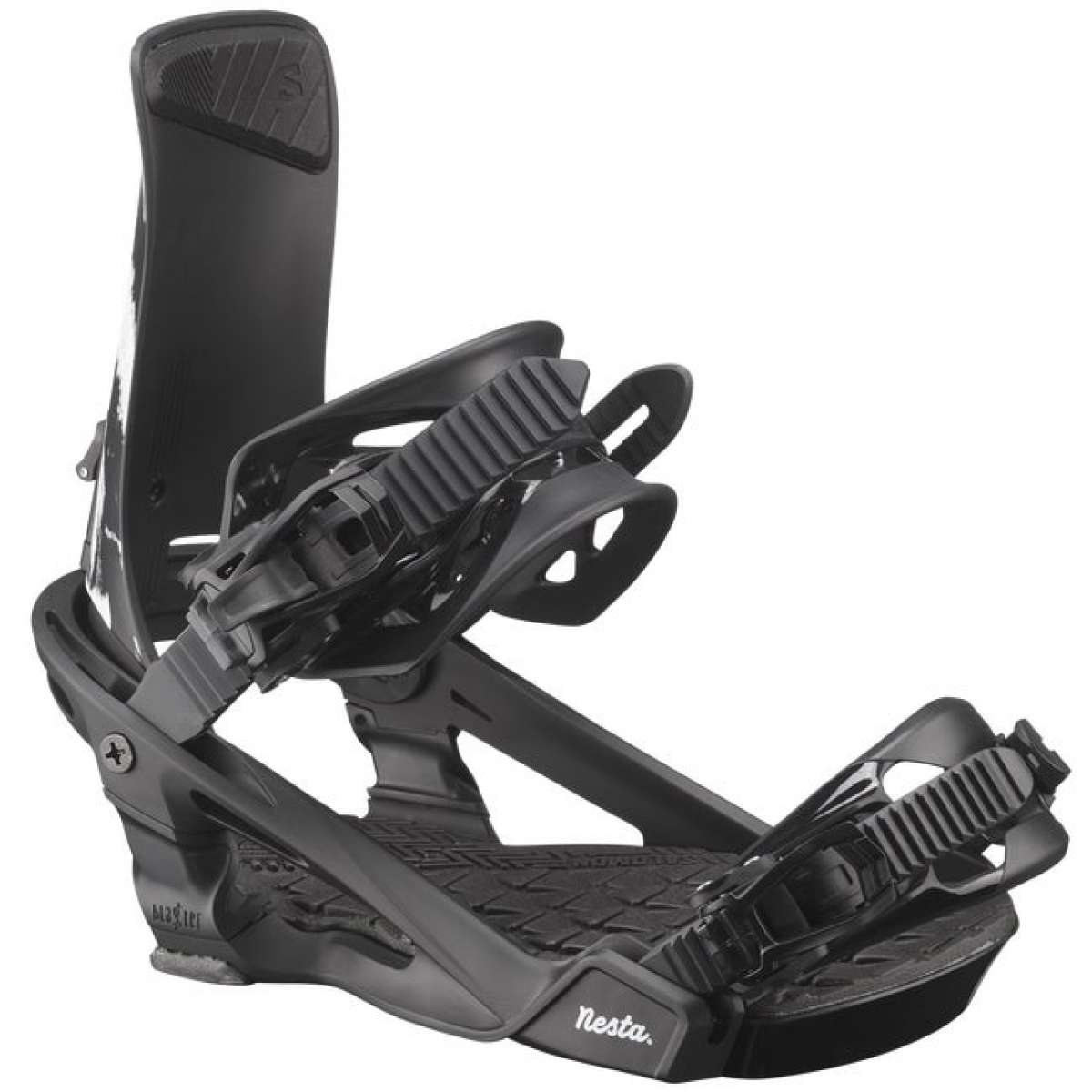 Salomon Women's Nesta Snowboard Bindings 2024 - Black bindings with white lettering on straps and a silver buckle.