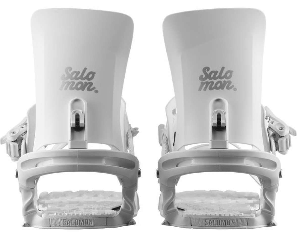Salomon Women's Nesta Snowboard Bindings 2024 - A pair of white snowboard bindings with a sleek, modern design and silver hardware.
