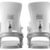 Salomon Women's Nesta Snowboard Bindings 2024 - A pair of white snowboard bindings with a sleek, modern design and silver hardware.