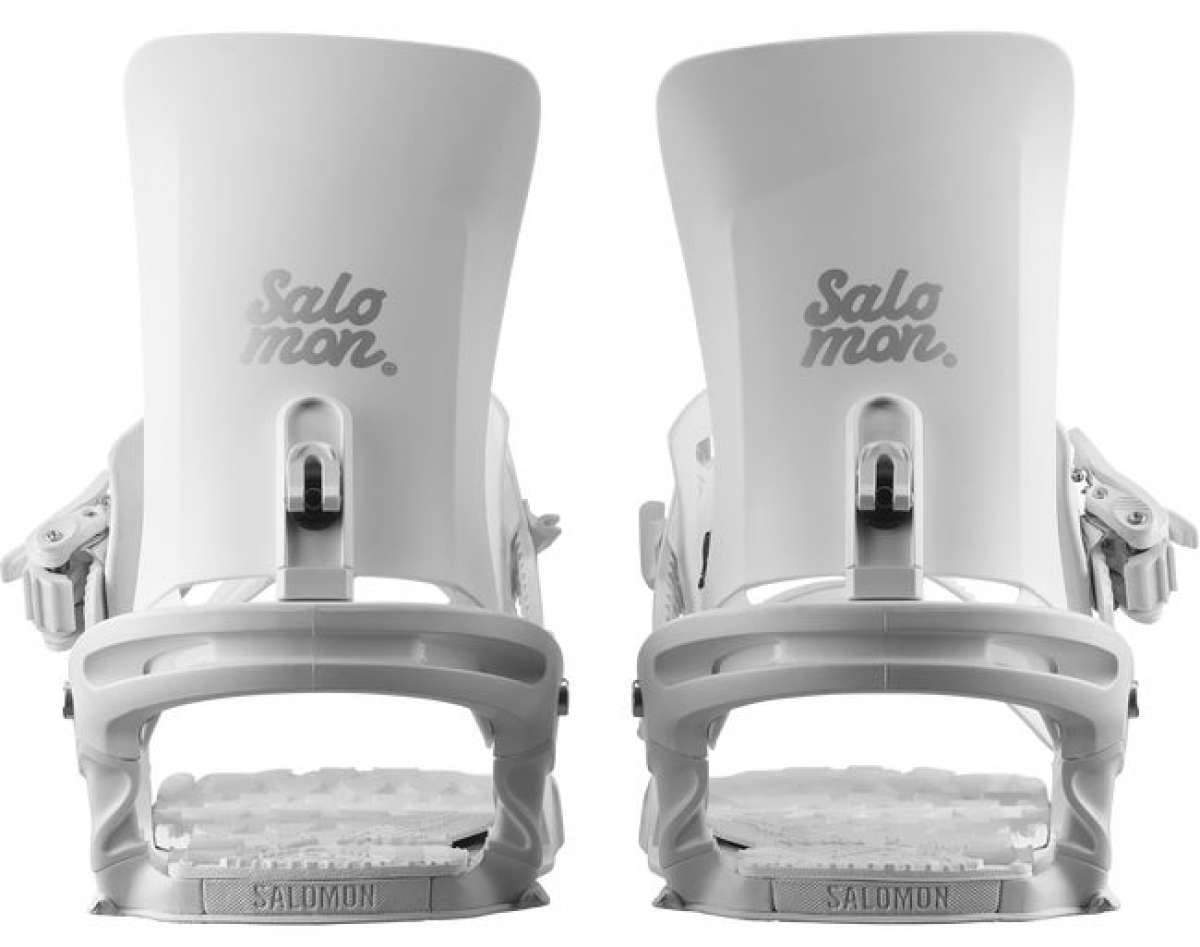 Salomon Women's Nesta Snowboard Bindings 2024 - A pair of white snowboard bindings with a sleek, modern design and silver hardware.