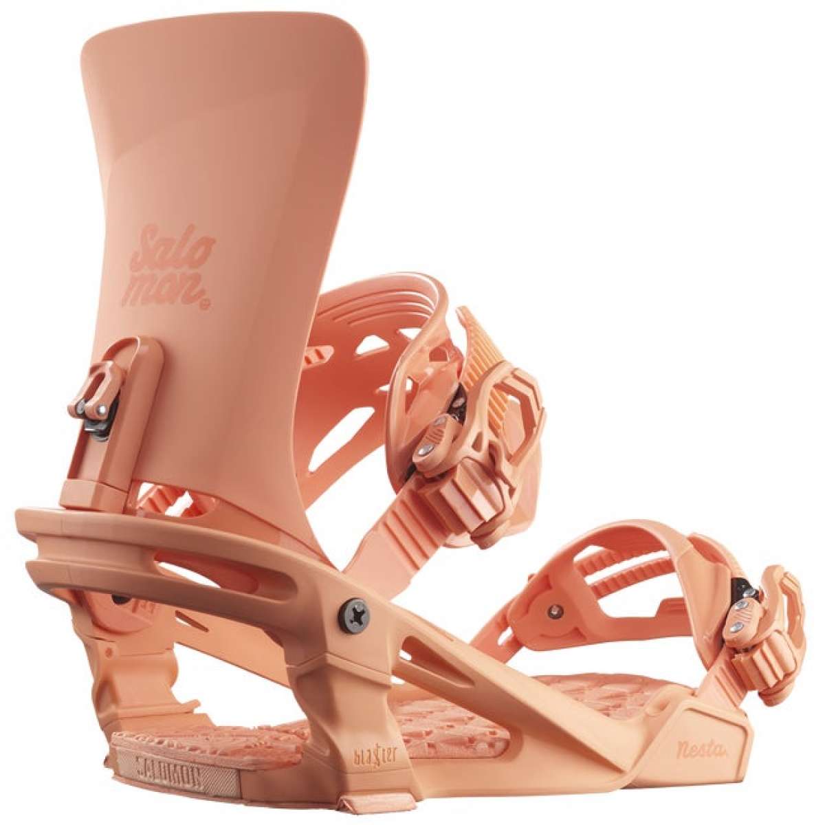 Salomon Women's Nesta Snowboard Bindings 2024 - A pair of light pink snowboard bindings with a textured footbed and silver buckles.