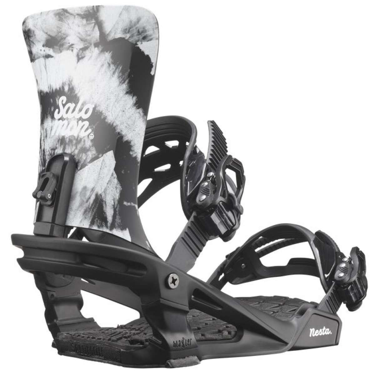 Salomon Women's Nesta Snowboard Bindings 2024 - A black and white image of a snowboard binding with a tie-dye pattern on the strap.