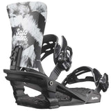 Salomon Women's Nesta Snowboard Bindings 2024 - A black and white image of a snowboard binding with a tie-dye pattern on the strap.