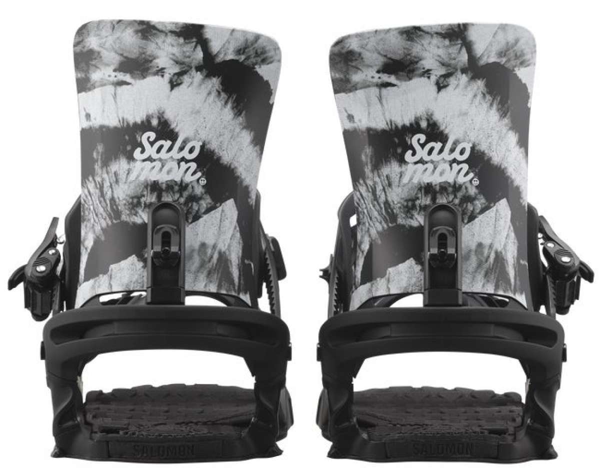 Salomon Women's Nesta Snowboard Bindings 2024 - A pair of black and white snowboard bindings with a mountain graphic on top, featuring a black strap and buckle.