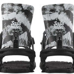 Salomon Women's Nesta Snowboard Bindings 2024 - A pair of black and white snowboard bindings with a mountain graphic on top, featuring a black strap and buckle.