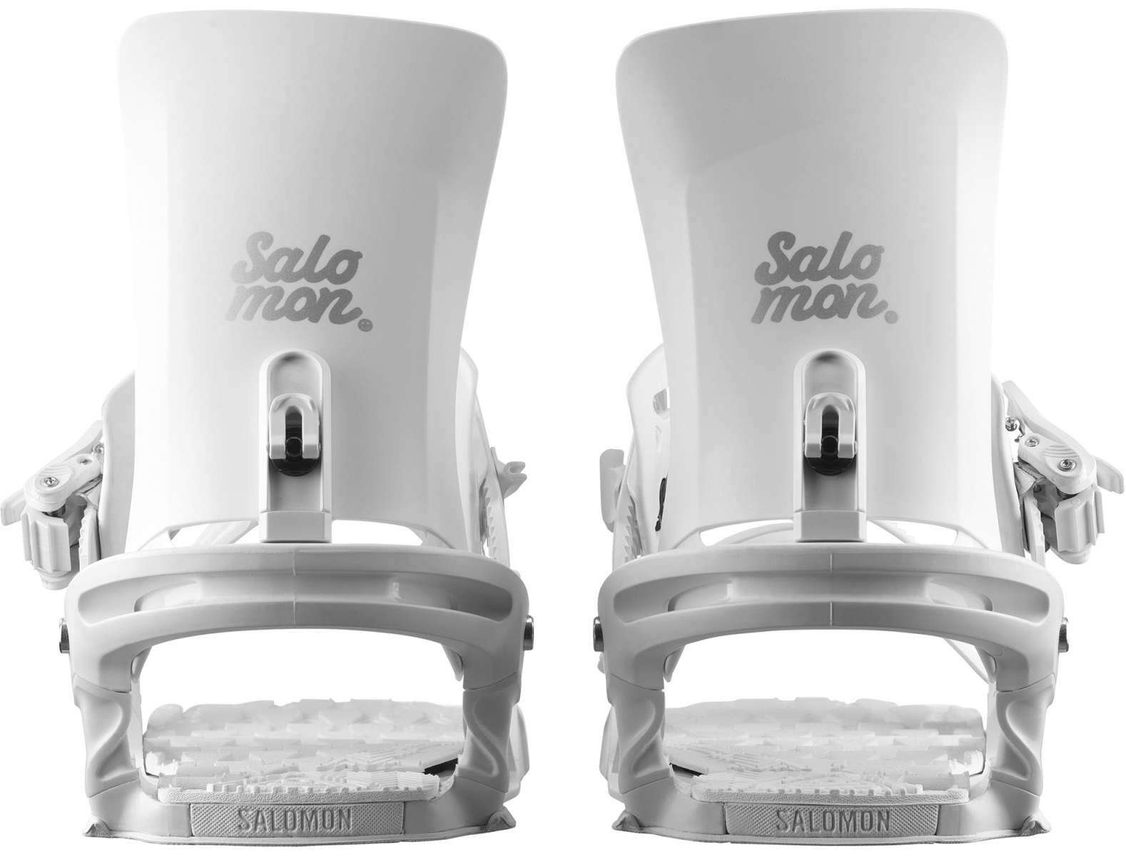 Salomon Women's Nesta Snowboard Binding 2023 - A pair of white snowboard bindings with a textured footbed and silver buckles.