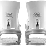 Salomon Women's Nesta Snowboard Binding 2023 - A pair of white snowboard bindings with a textured footbed and silver buckles.
