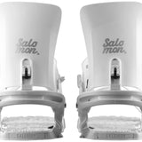 Salomon Women's Nesta Snowboard Binding 2023 - A pair of white snowboard bindings with a textured footbed and silver buckles.