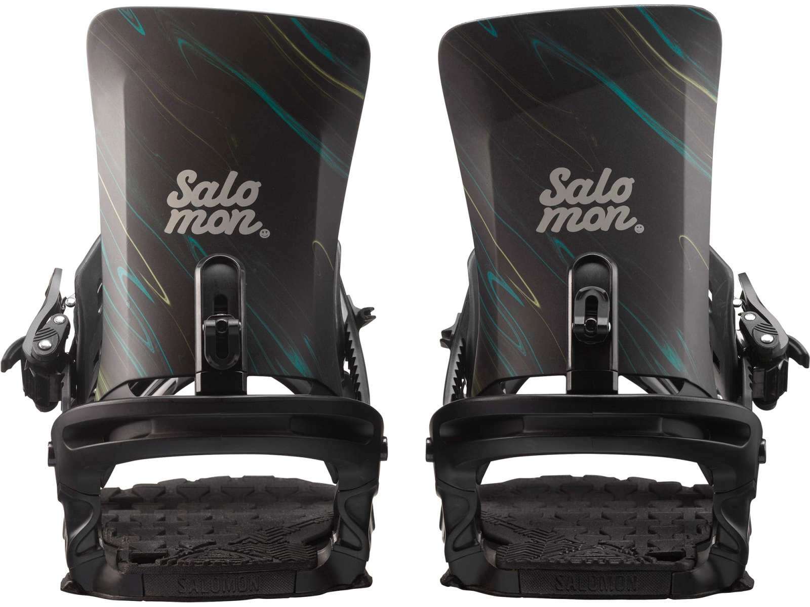 Salomon Women's Nesta Snowboard Binding 2023 - A black snowboard binding with a white logo and teal accents on the straps.