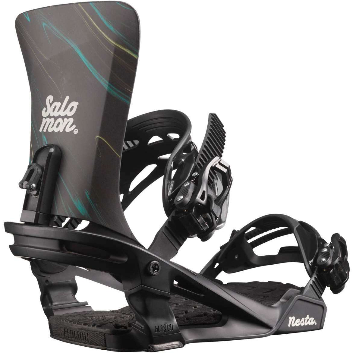 Salomon Women's Nesta Snowboard Binding 2023 - A black snowboard binding with a blue and yellow marbled design on its baseplate.