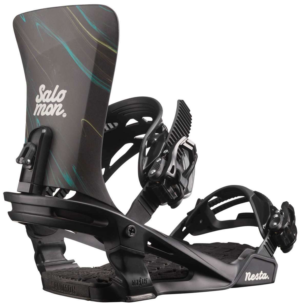 Salomon Women's Nesta Snowboard Binding 2023 - A black snowboard binding with a blue and yellow marbled design on its baseplate.