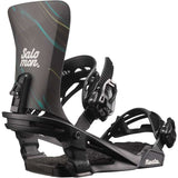 Salomon Women's Nesta Snowboard Binding 2023 - A black snowboard binding with a blue and yellow marbled design on its baseplate.