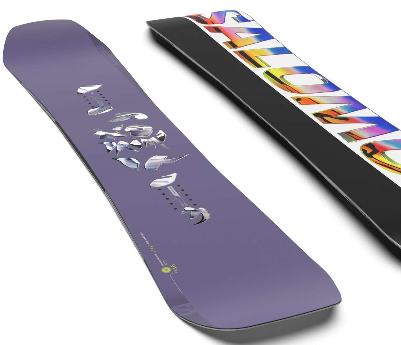 Salomon Women's No Drama Snowboard 2024 - A purple snowboard with a white logo and silver accents on top of it.
