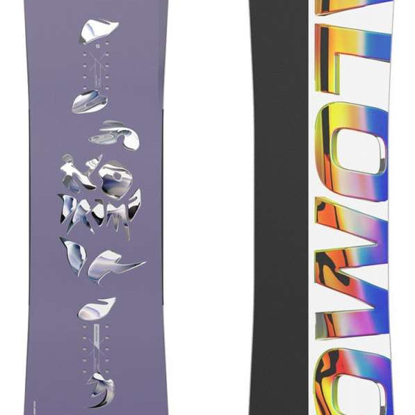 Salomon Women's No Drama Snowboard 2024 - A purple snowboard with a white stripe down the middle and a small logo on the top left corner.