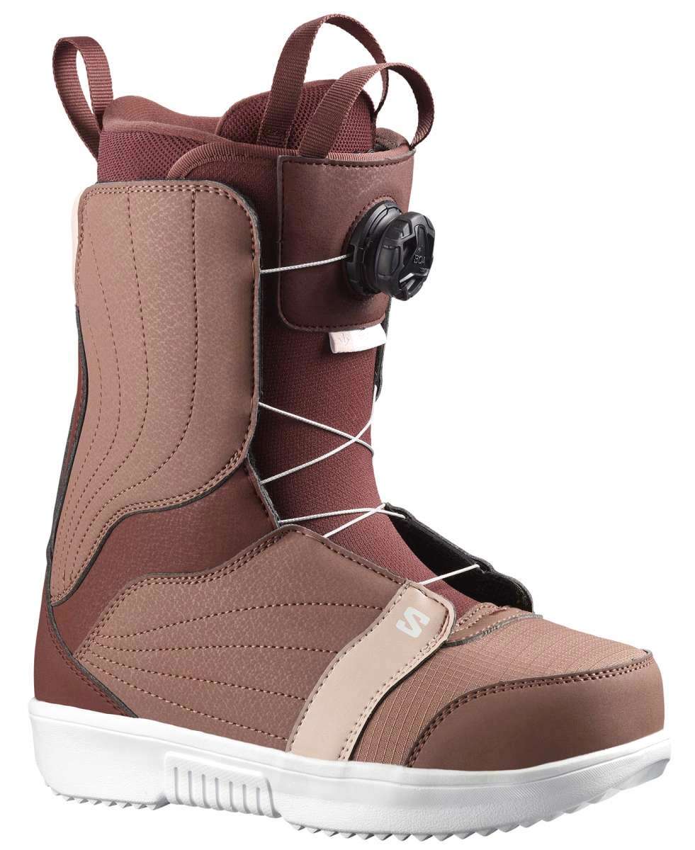 Salomon Ladies Pearl BOA Snowboard Boot 2023 - A brown snowboard boot with a black BOA dial on the side and white laces.