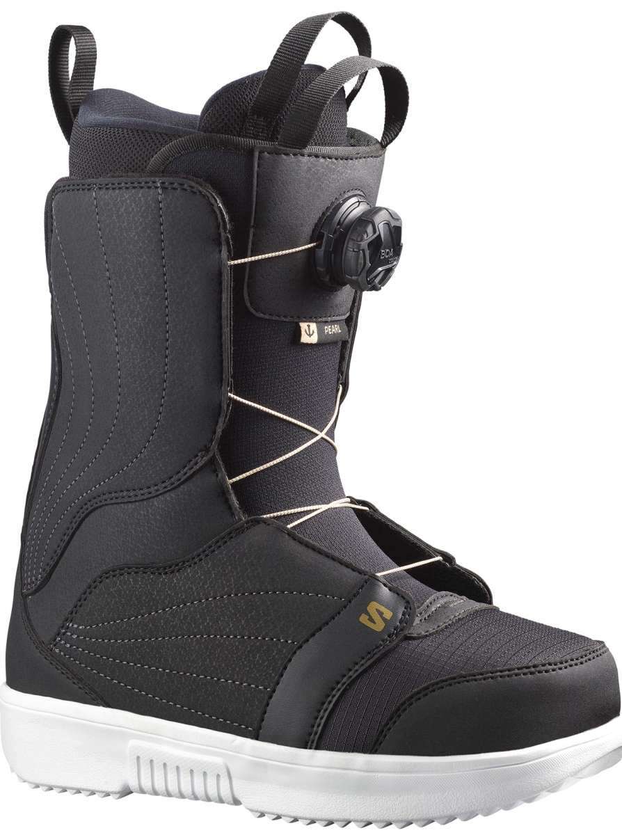 Salomon Ladies Pearl BOA Snowboard Boot 2023 - A black snowboard boot with a textured pattern on the toe and heel areas, featuring a white sole and laces.