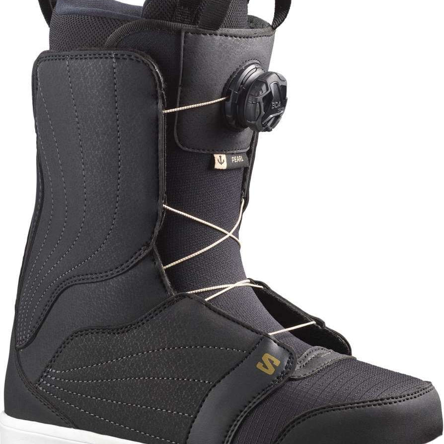 Salomon Ladies Pearl BOA Snowboard Boot 2023 - A black snowboard boot with a textured pattern on the toe and heel areas, featuring a white sole and laces.