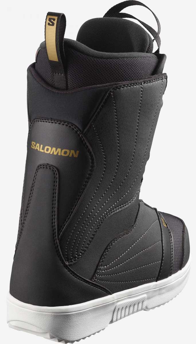 Salomon Ladies Pearl BOA Snowboard Boot 2023 - A black snowboard boot with a gold logo on the side and a white sole.